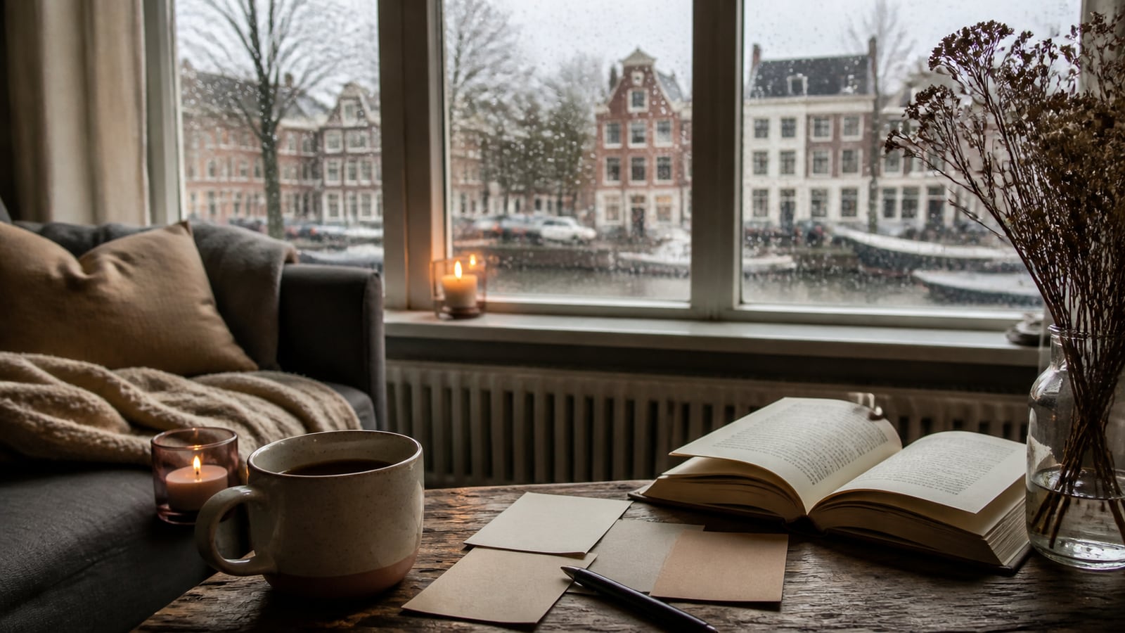 Gezellige woonkamer met thee en boek op een regenachtige dag