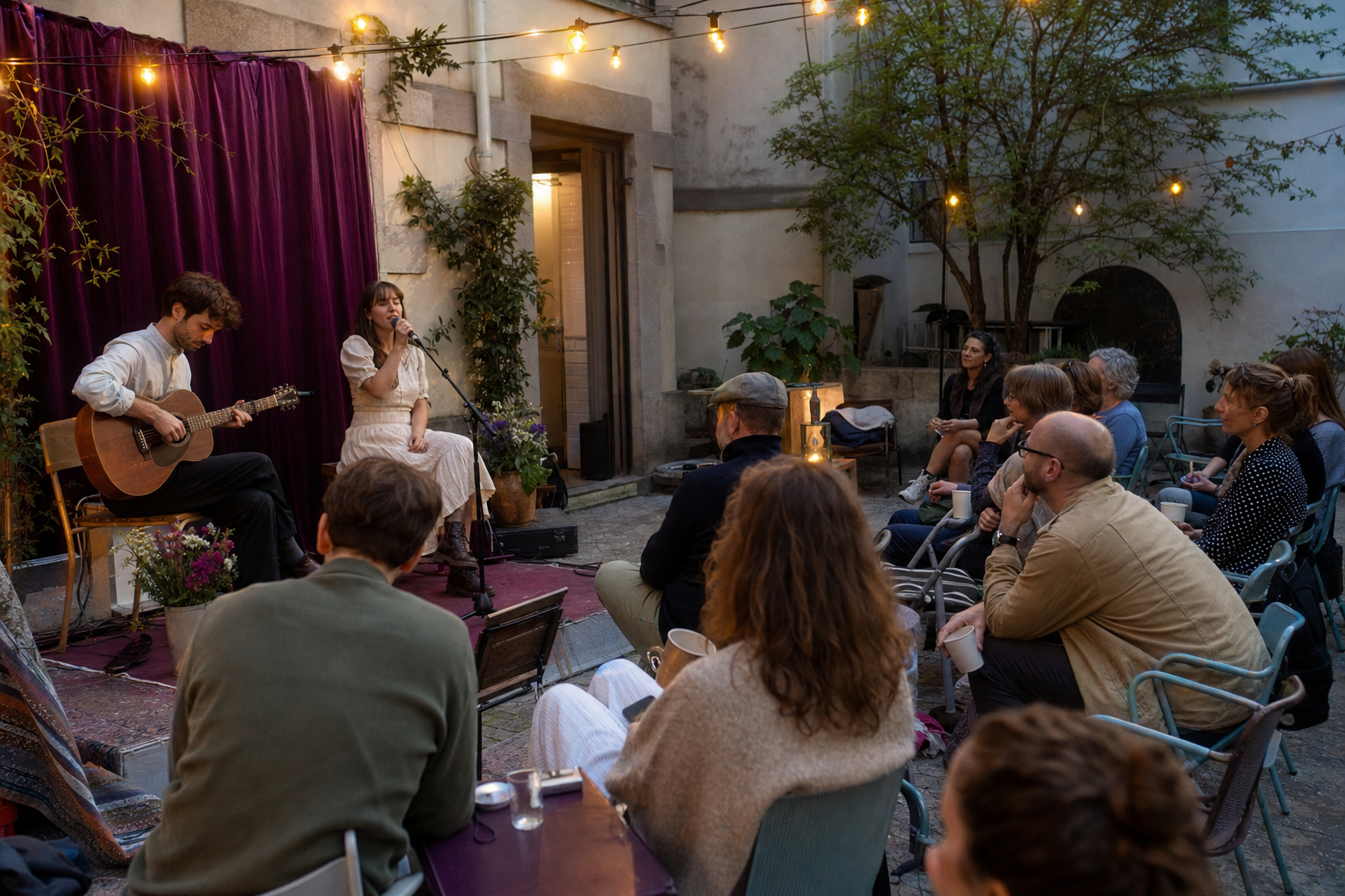 Publiek luistert naar live muziek op een kleinschalig buitenevenement
